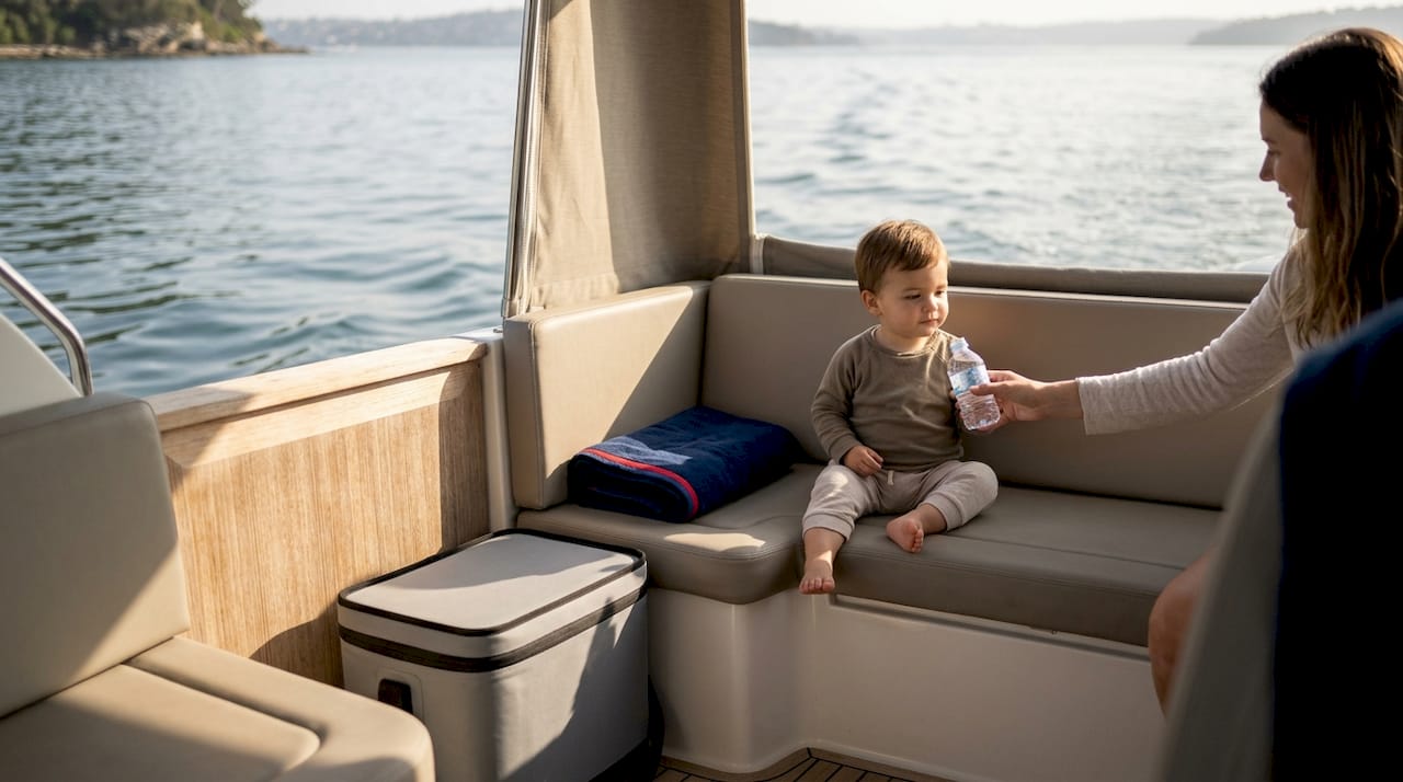 Child resting near center of calm boat