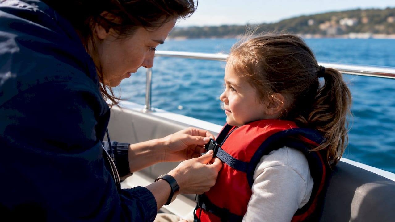 Parent fastening child life jacket aboard boat