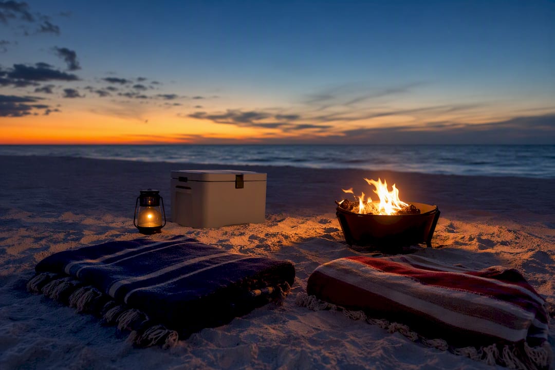 Romantic beach bonfire setup at dusk