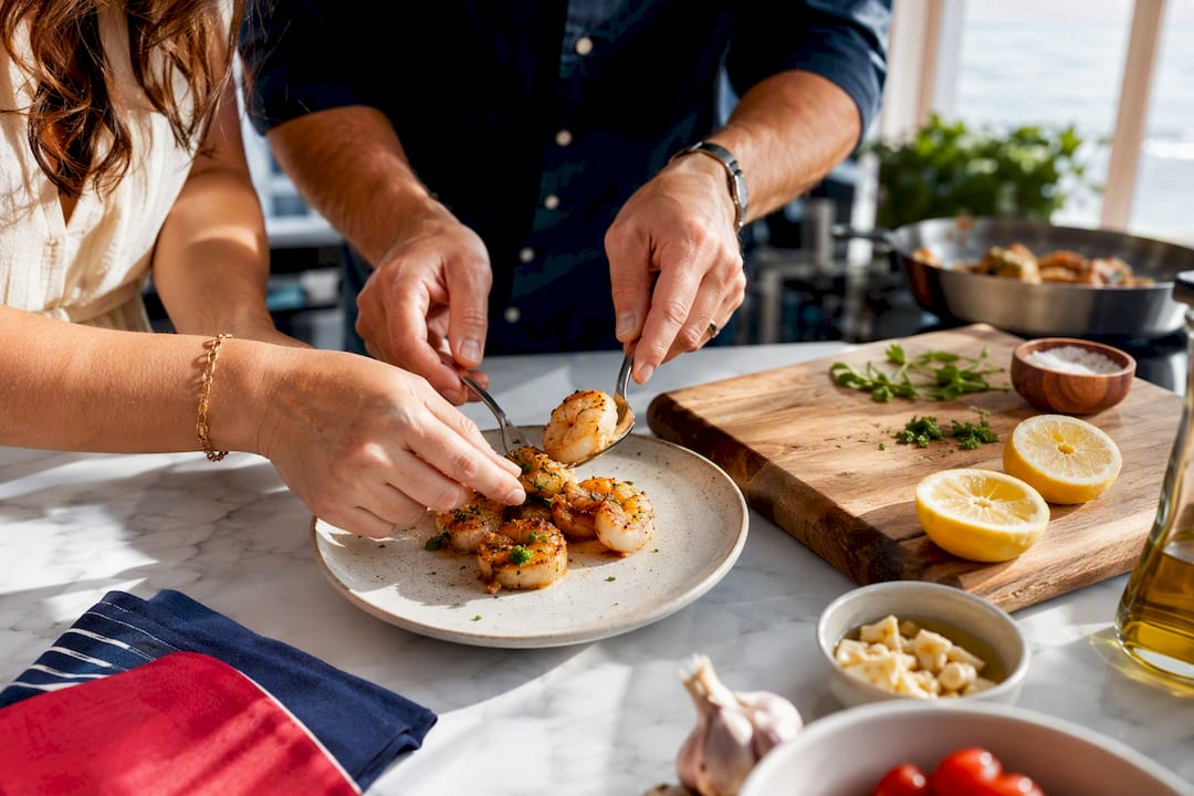 Couple preparing seafood in cooking class