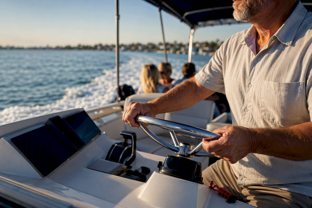 Captain safely steering a boat underway