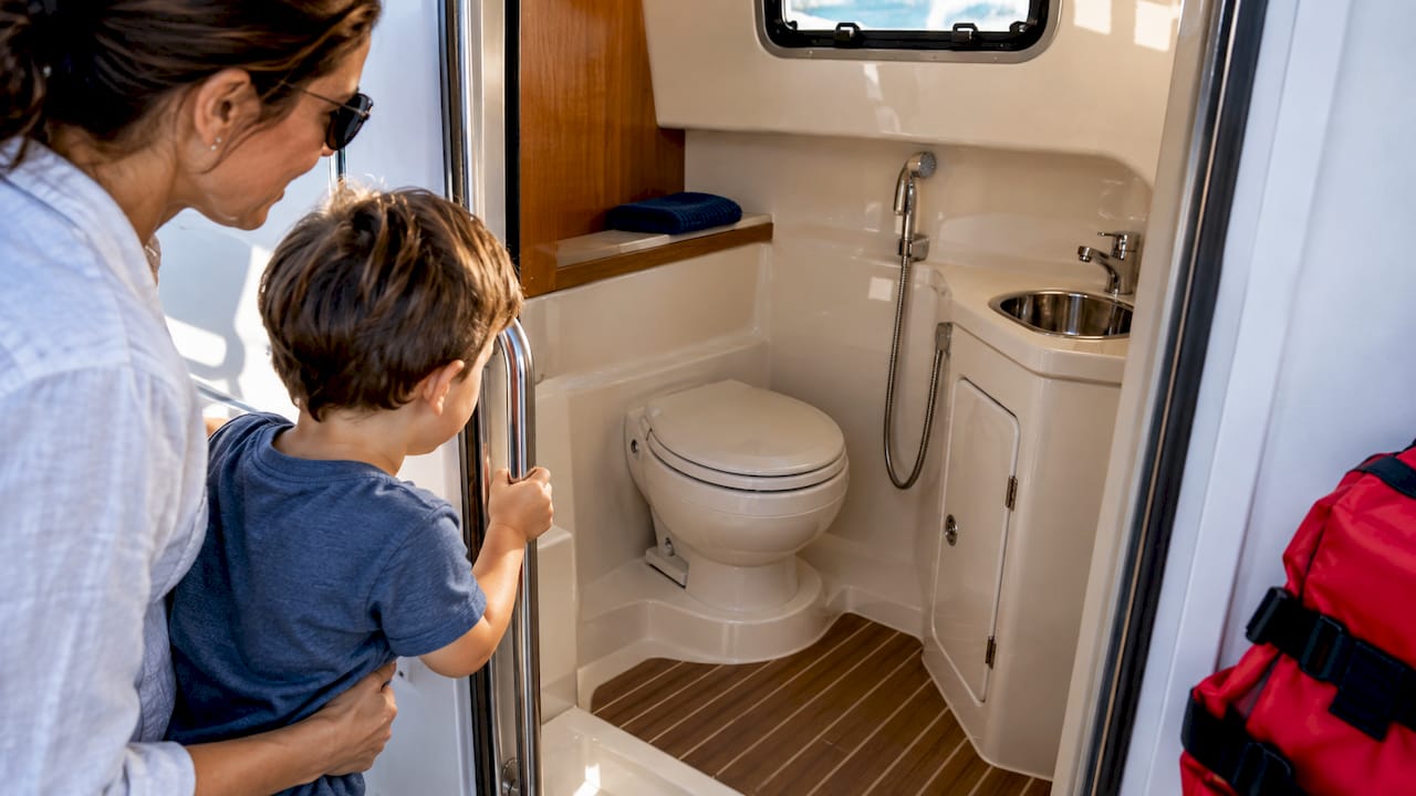 Parent guiding child into boat bathroom