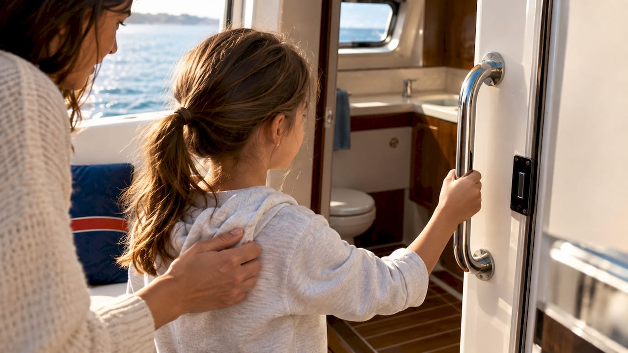 Adult helping child use boat handhold