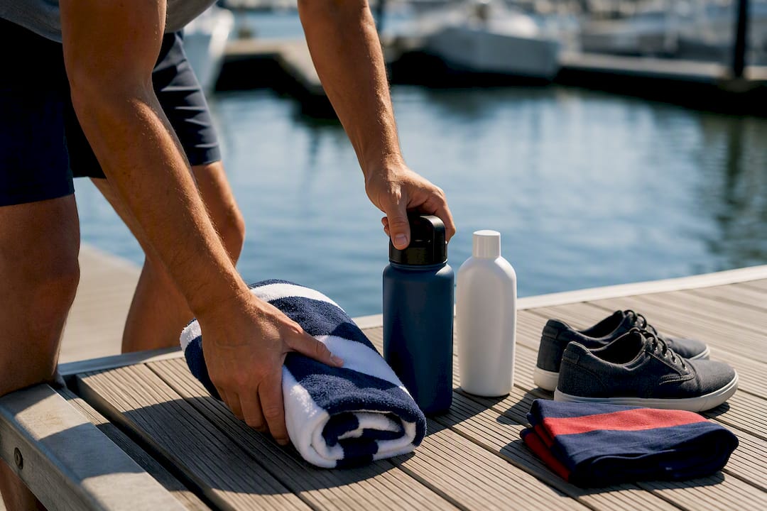 Towel sunscreen and water bottle ready