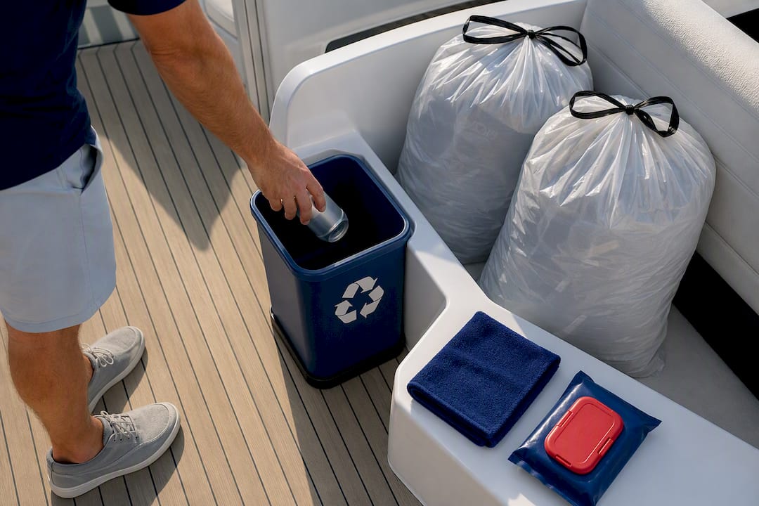 Recycling bin and trash bags on boat