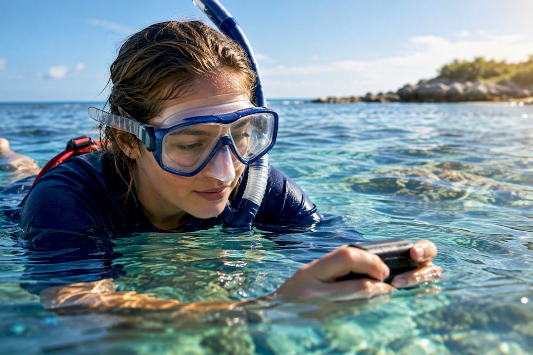 Snorkeler checking camera before entering water