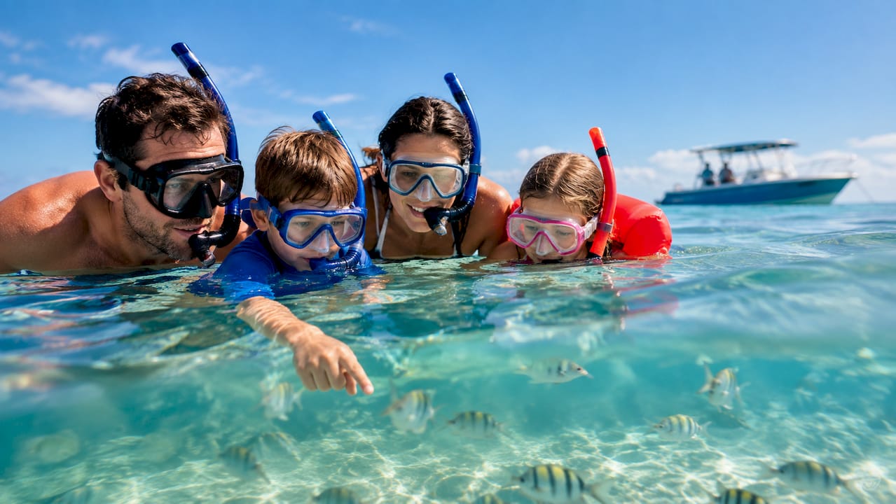 Family snorkeling together near Shell Island