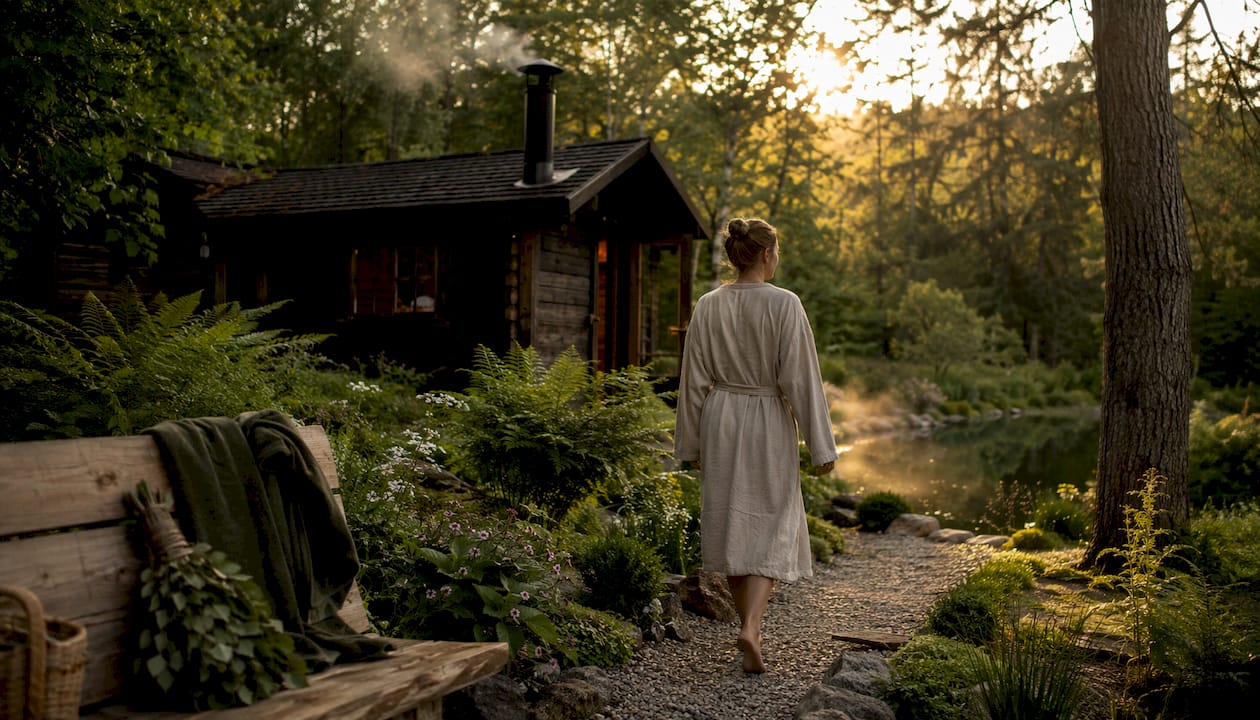 Outdoor sauna retreat in serene forest setting