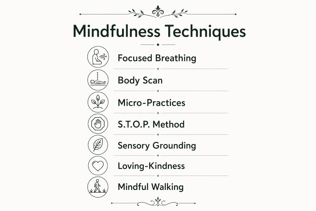 Infographic showing mindfulness techniques for burnout