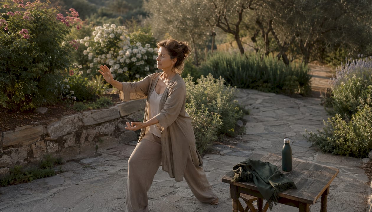 Woman doing tai chi in urban park morning light