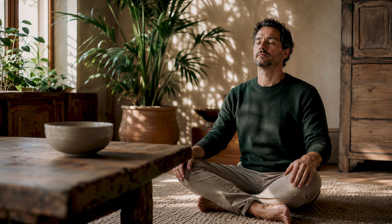 Man resting in bed during body scan meditation