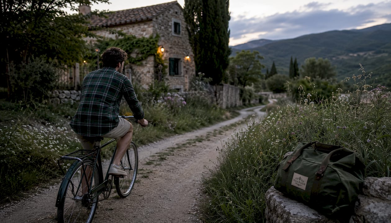 Cyclist on rural farmhouse access road