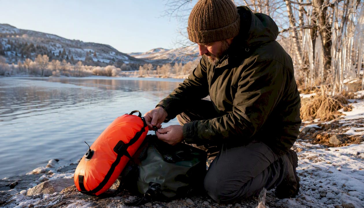 Close-up hands attaching tow float near icy lake shore
