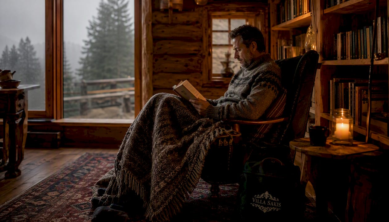 Man resting in off-grid cabin interior