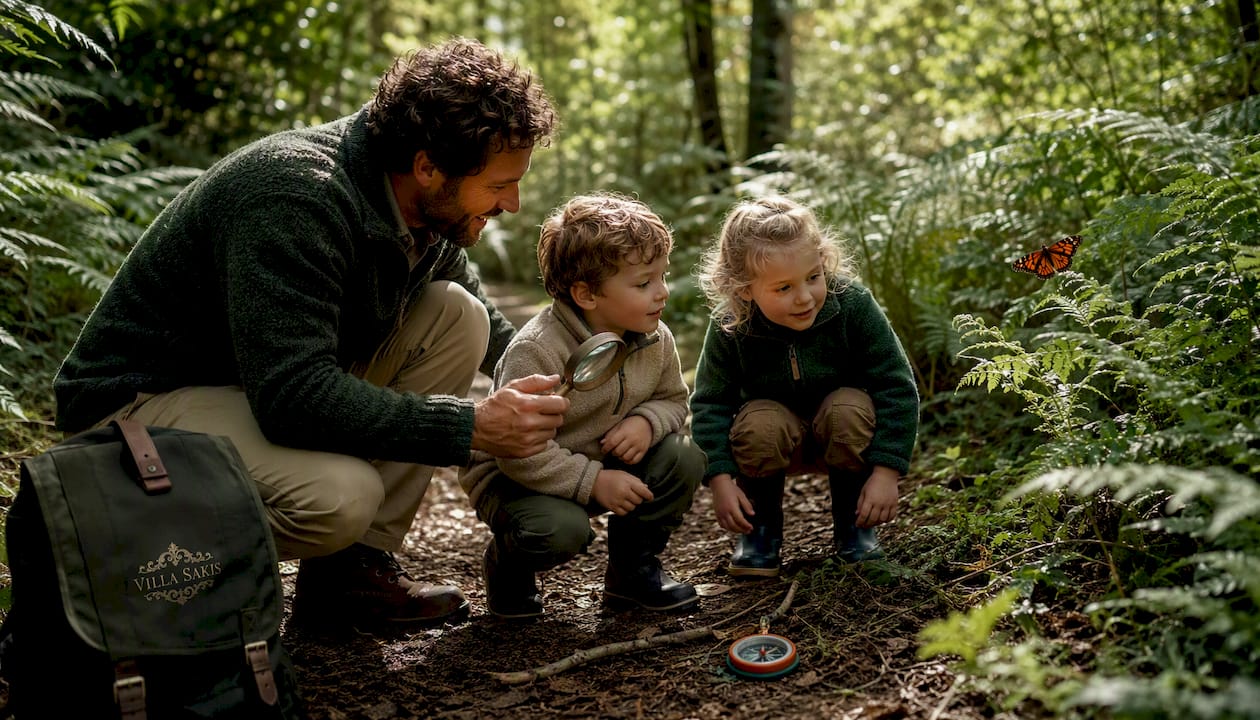 Parent and children exploring nature on trail