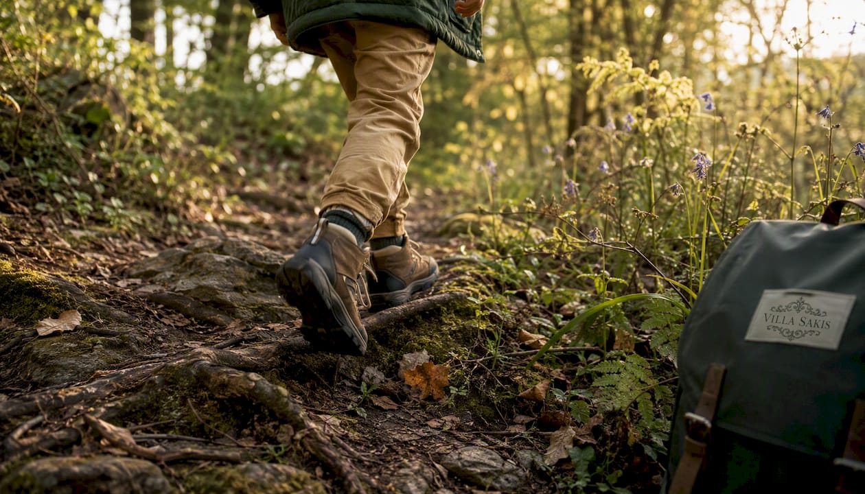 Child's hiking boots on forest trail