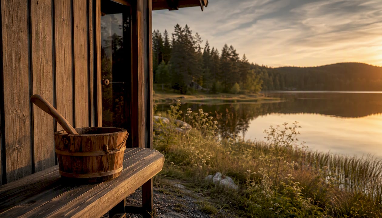 Wooden sauna bucket and ladle by lakeside sauna dock