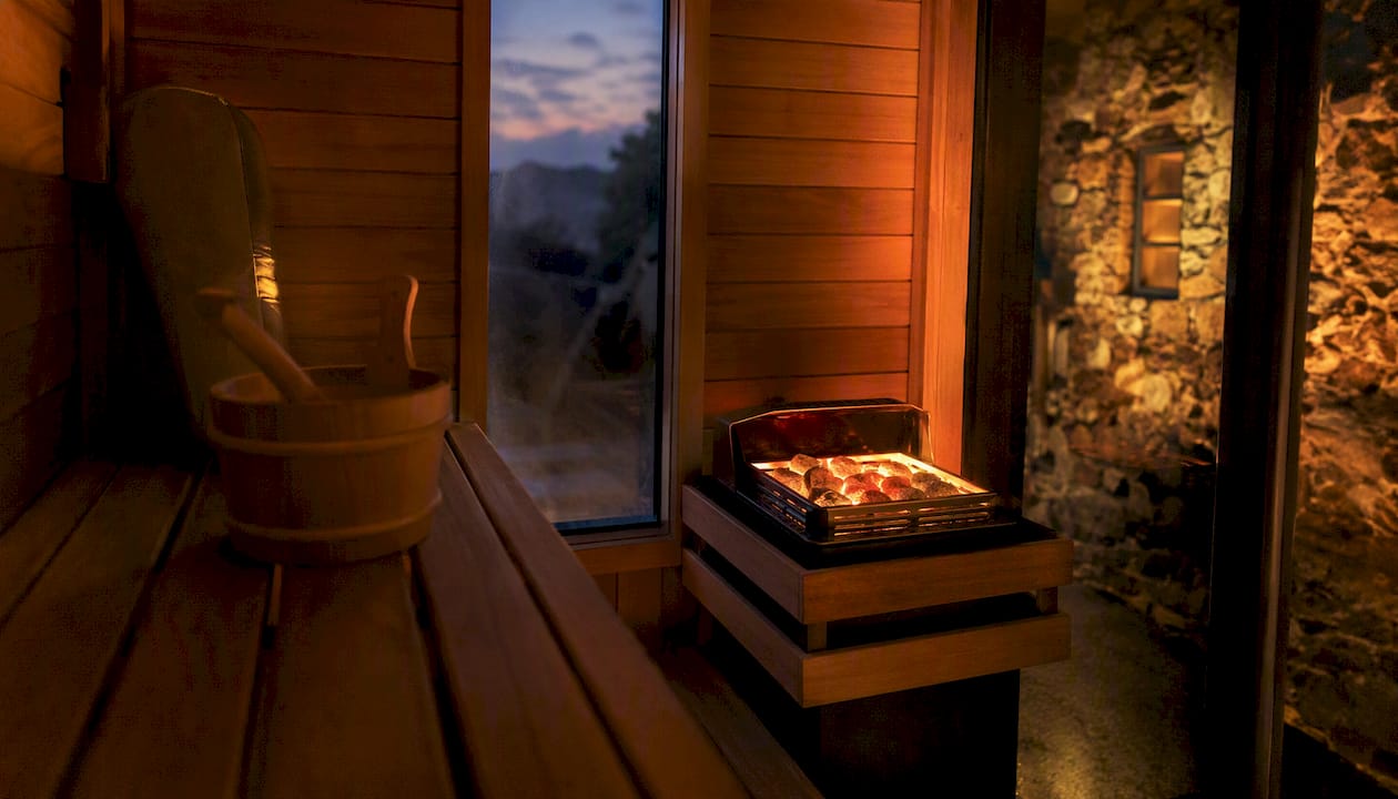 Interior of small electric sauna in UK cottage