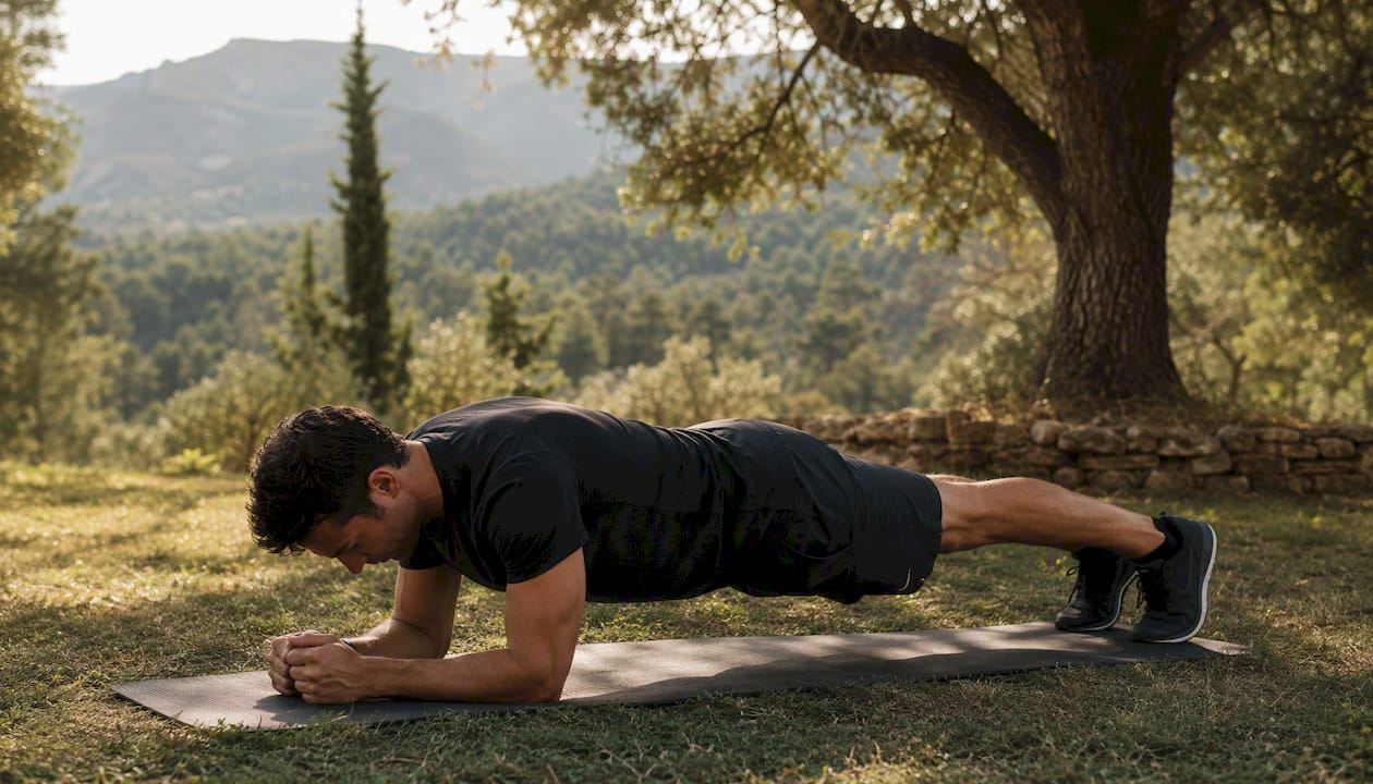 Person holding plank position outdoors on yoga mat