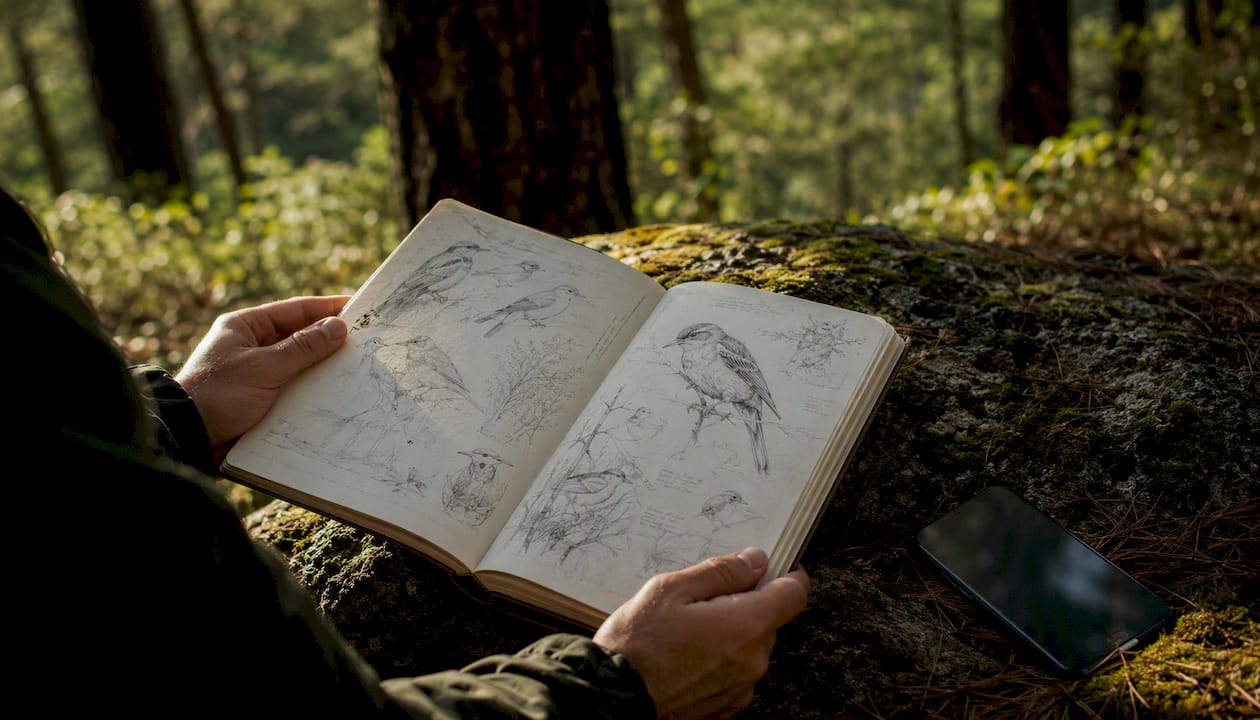 Hands with bird notes on forest walk morning