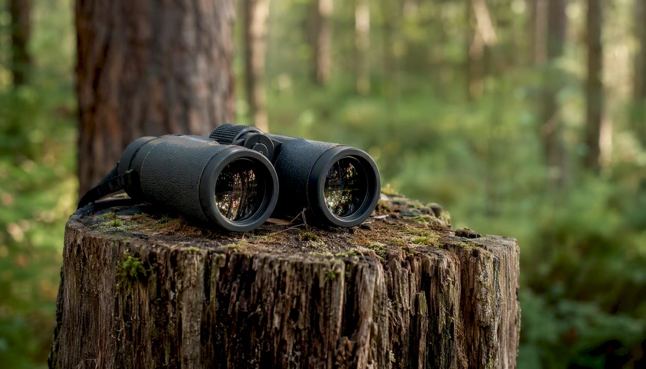 Classic binoculars resting on aged timber outdoors