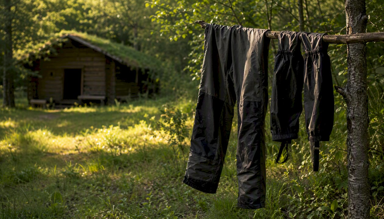 Outdoor permethrin-treated clothing drying outside