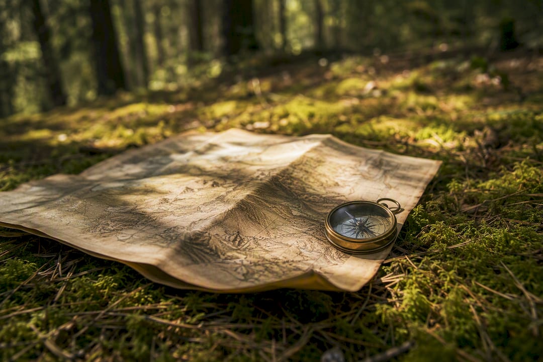 Map and compass on forest floor