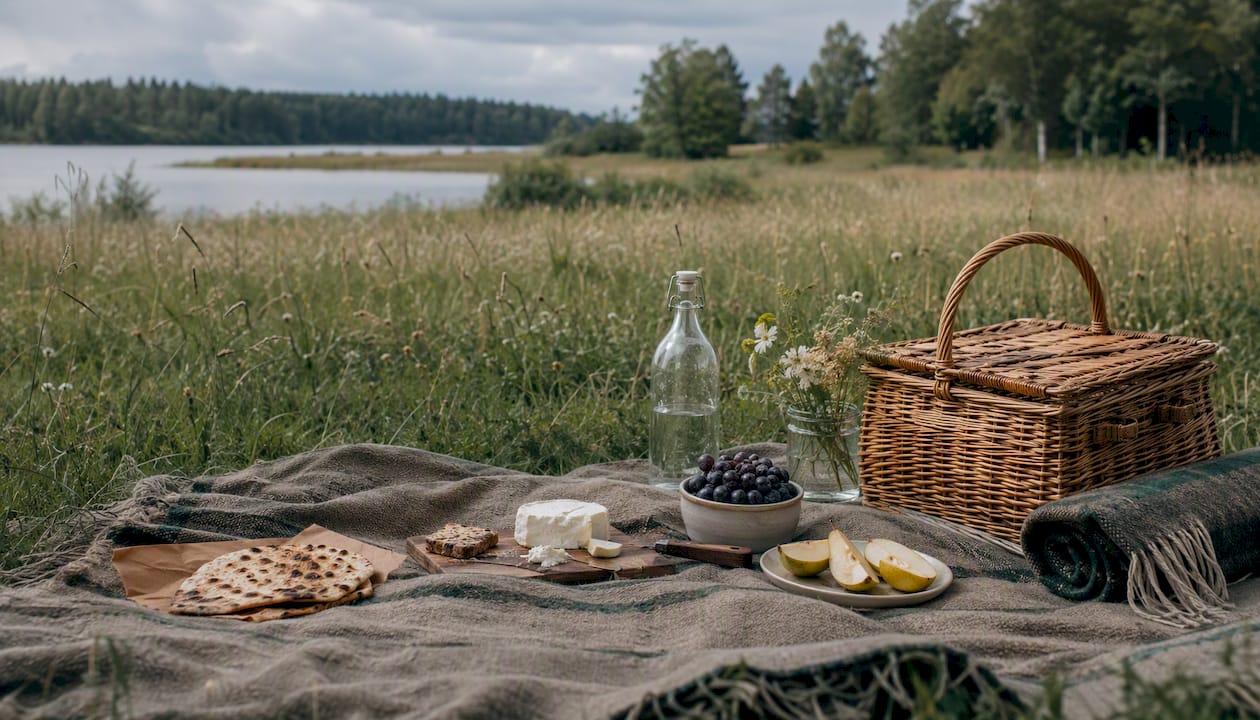 Picnic basket and food beside Swedish meadow