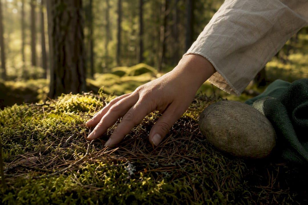 Hands touching pine needles during sensory exercise