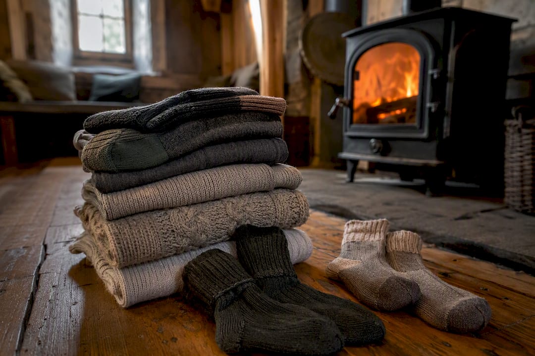 Layered outdoor clothing beside warm timber stove