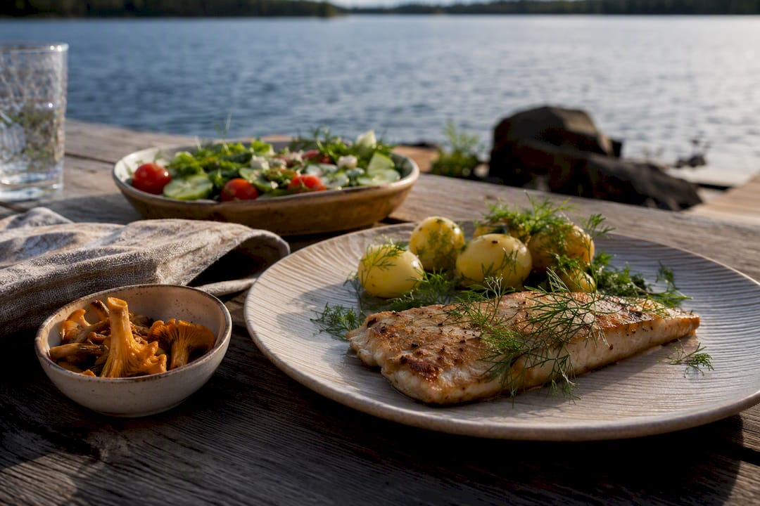 Grilled fish and potatoes beside Swedish lake