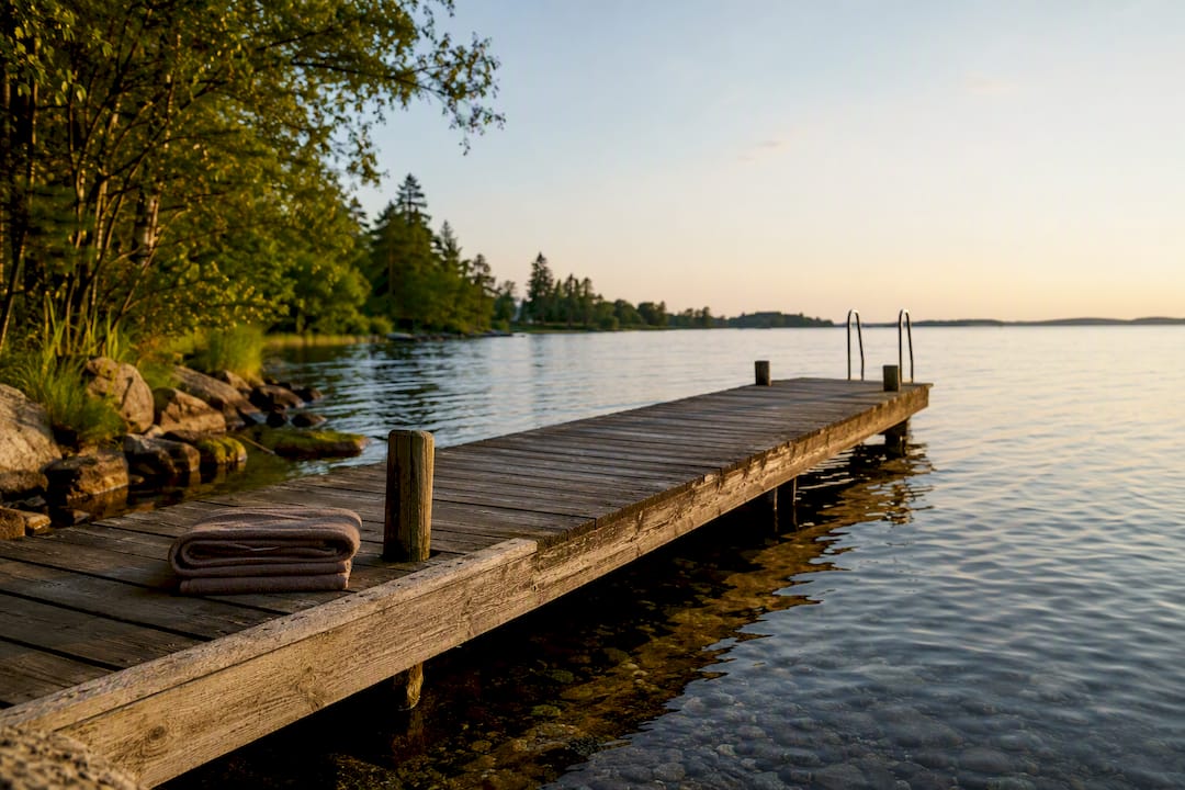 Private wooden jetty extending into Swedish lake