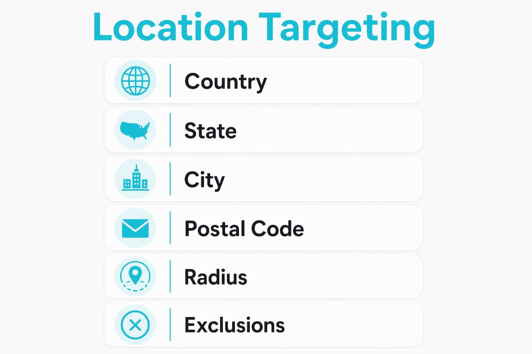 Infographic showing Google Ads location targeting options