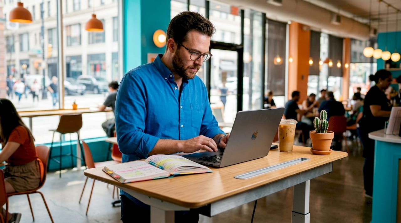 Marketer setting up geo targeting on laptop