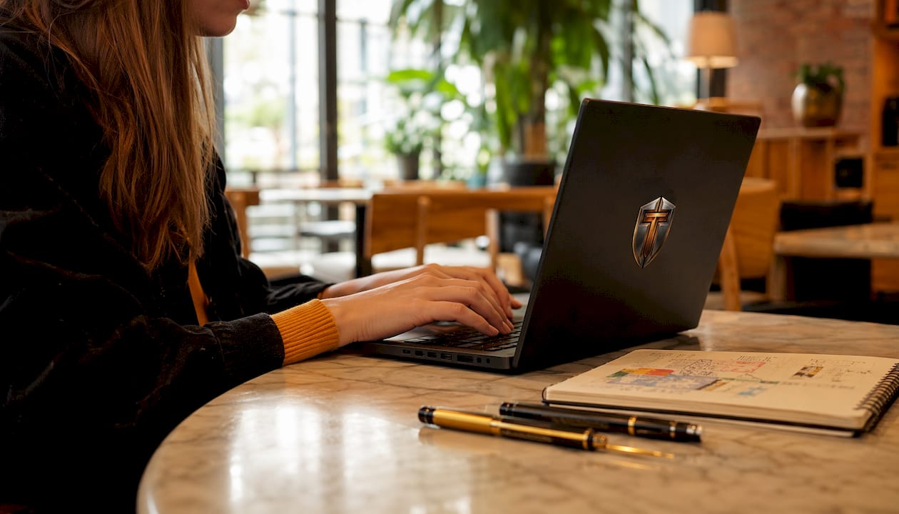 Hands typing commands on laptop keyboard
