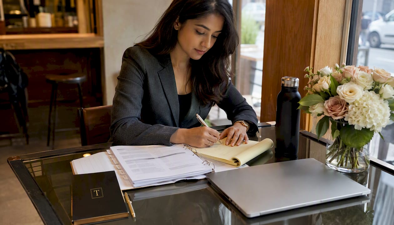 Professional woman taking notes on IRS regulations