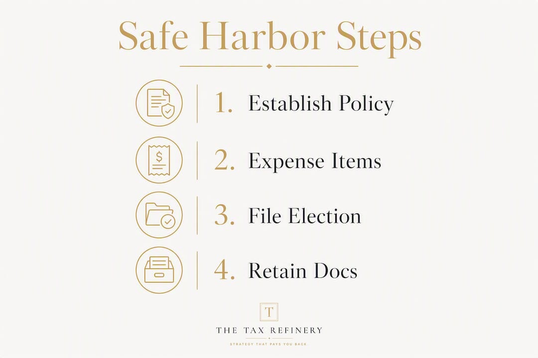 Infographic illustrating de minimis safe harbor step-by-step process