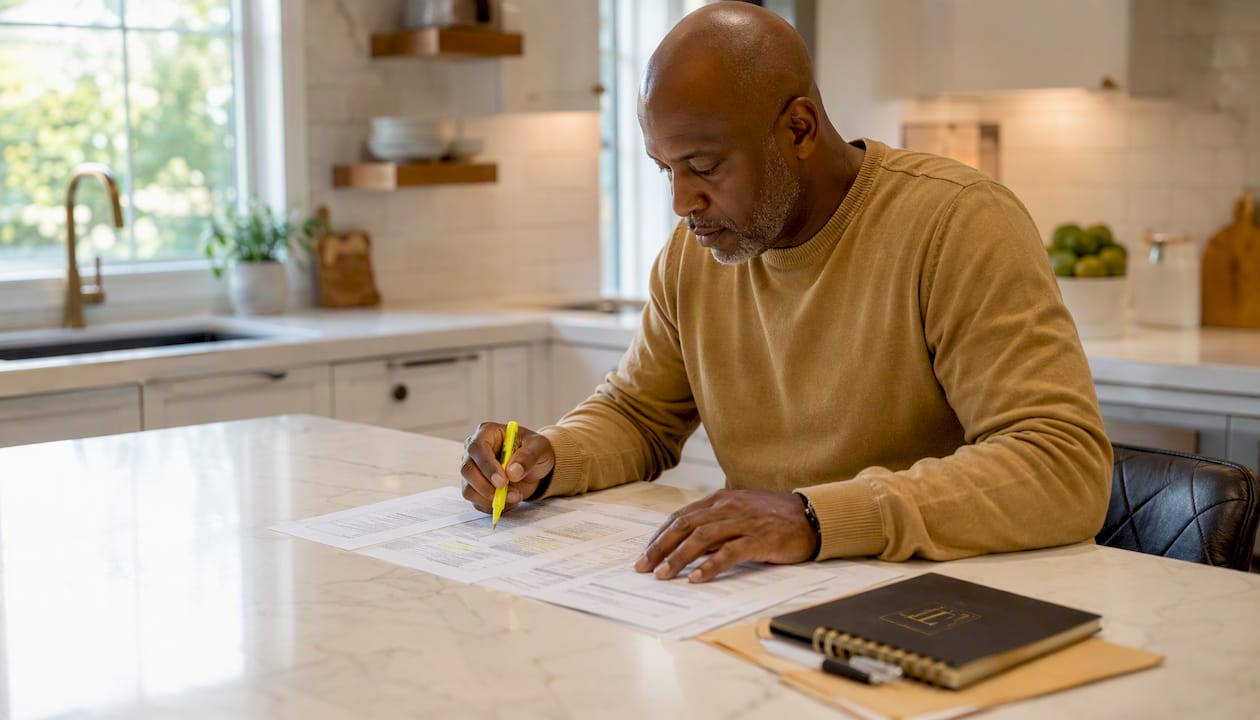 Man reviewing IRS transcript documents at home desk