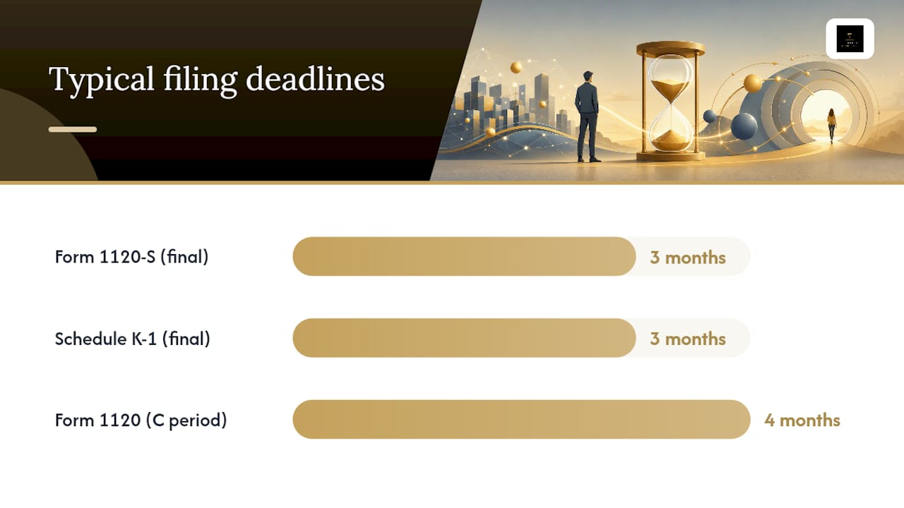 Diagram of federal tax forms and deadlines after S Corporation revocation