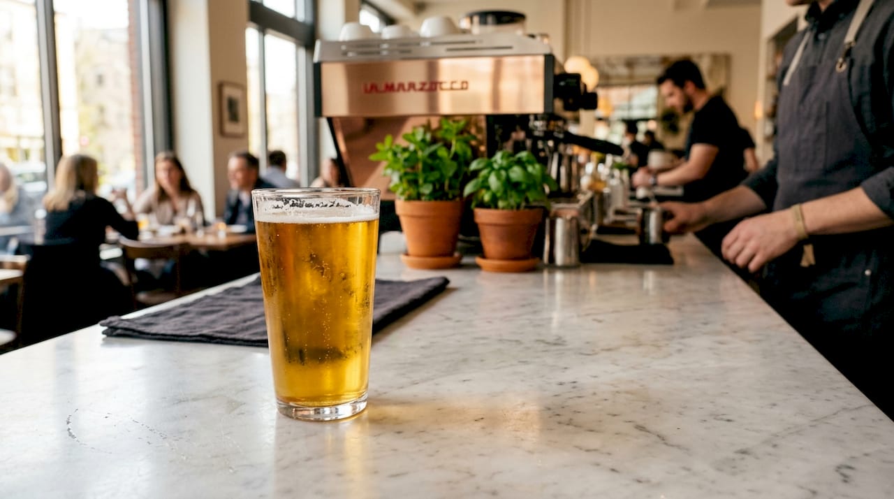 Close-up of American shaker pint glass with lager