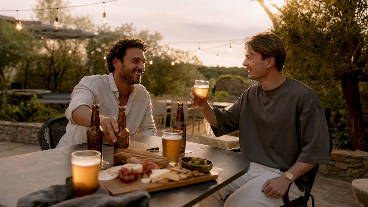 Hands grabbing session beers on rustic table at party