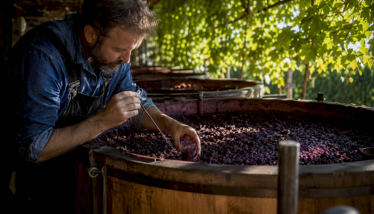 Winemaker stirring fermenting orange wine grapes
