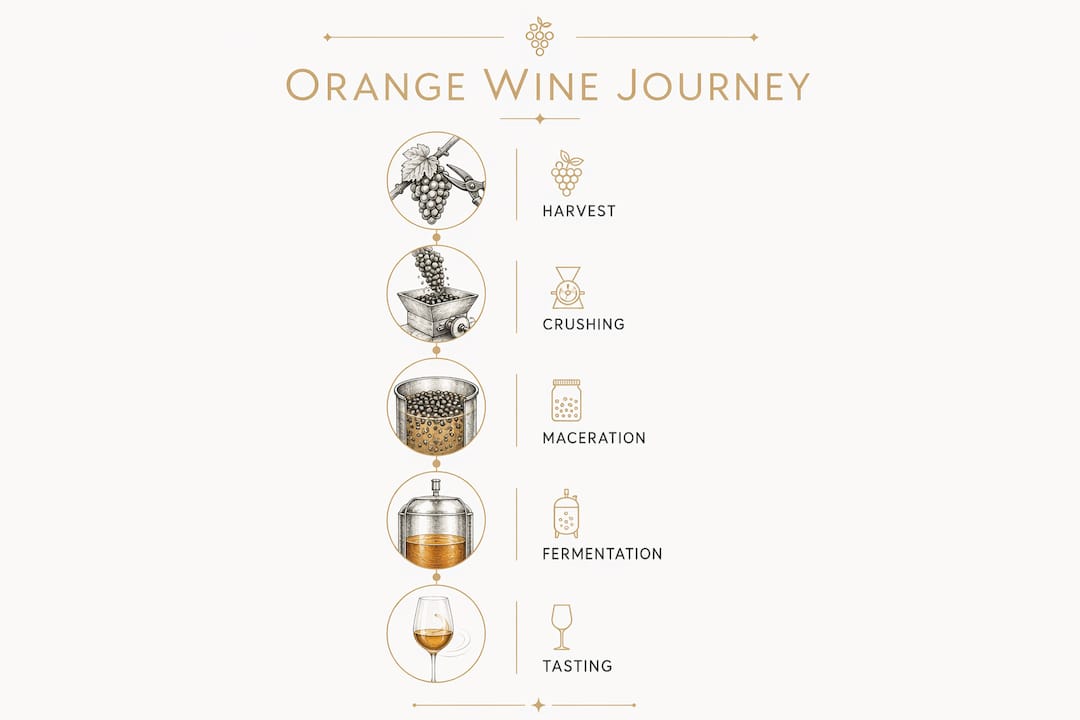 Infographic showing orange wine production and tasting steps