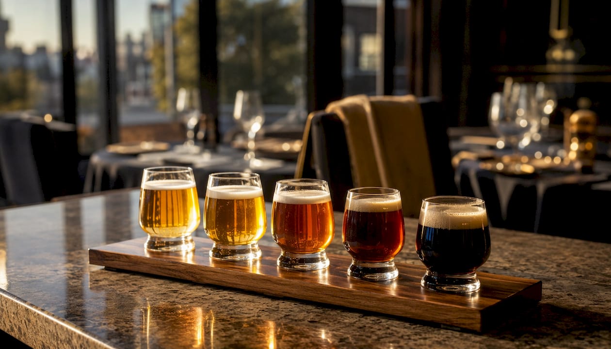 Close-up beer flight glasses on wooden paddle