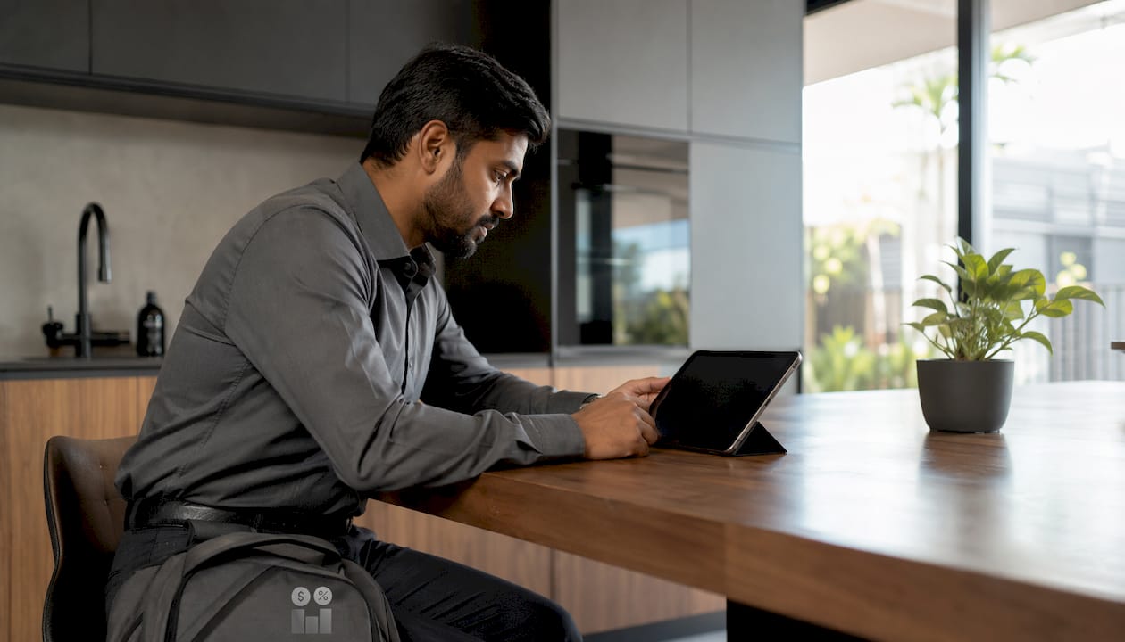 Technician reviewing tablet in home office
