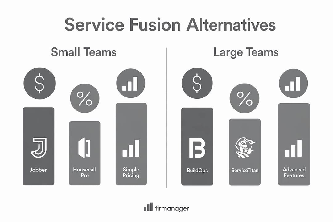 Infographic comparing Service Fusion alternatives for small and large teams