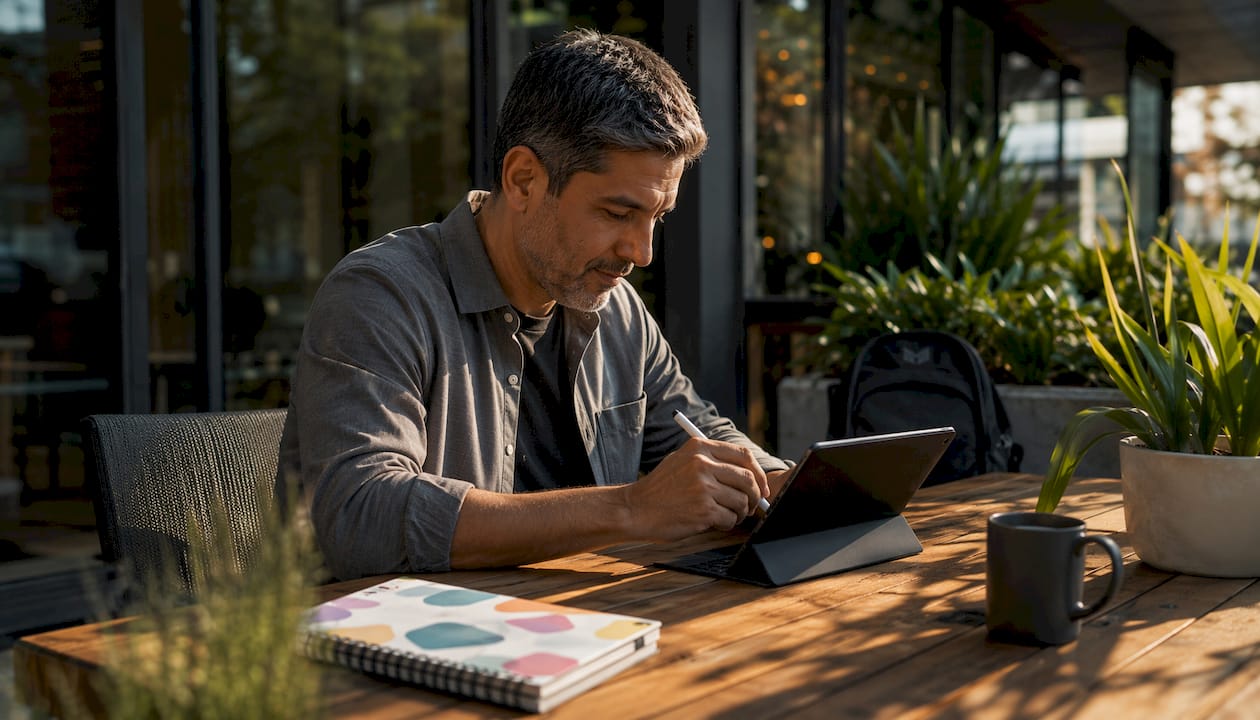 Hands creating compliance workflows on tablet