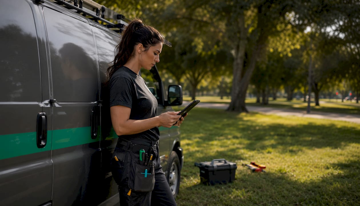 Technician using tablet near service van outdoors