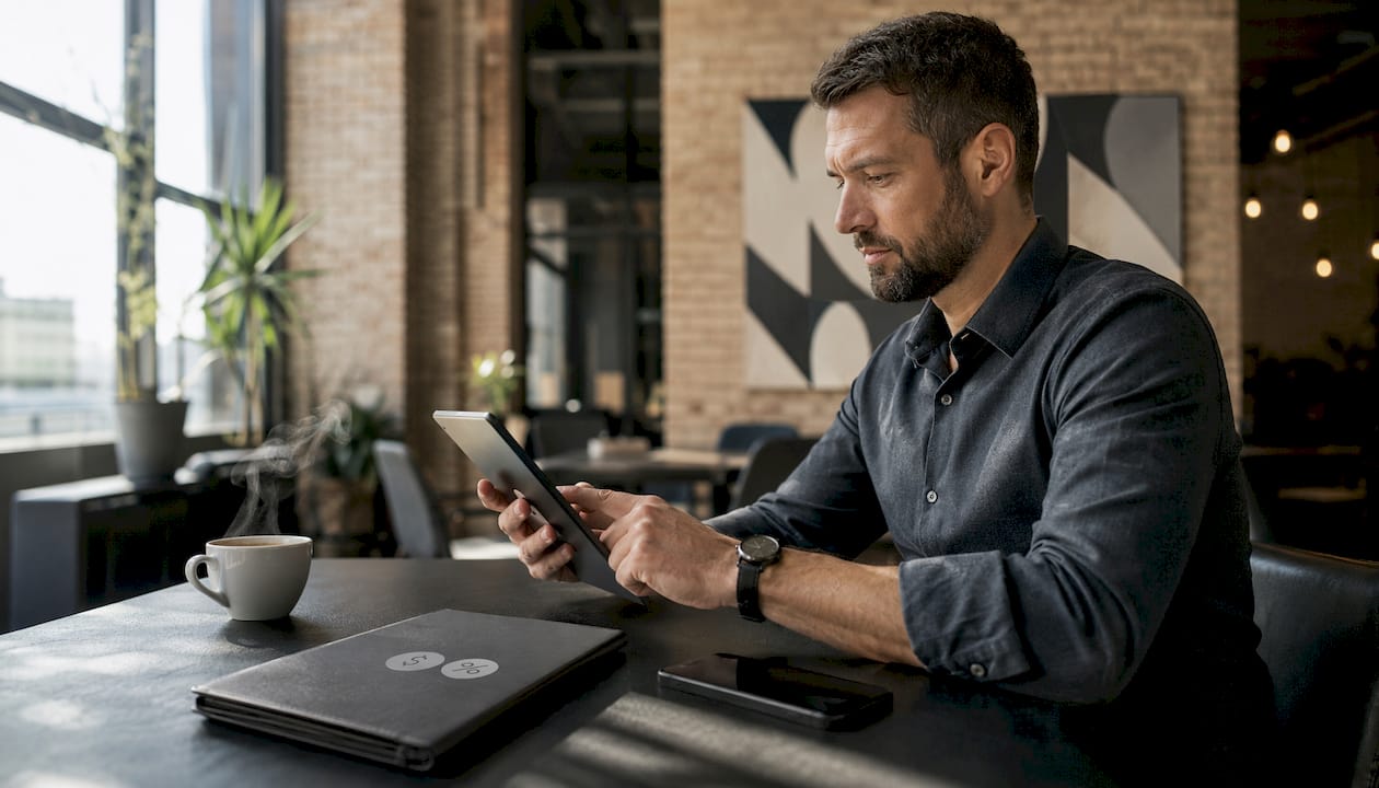 Business owner reviewing service software dashboard