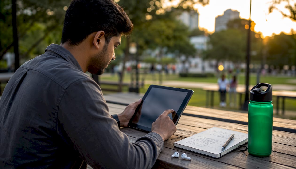 Man navigating interactive web quote on tablet